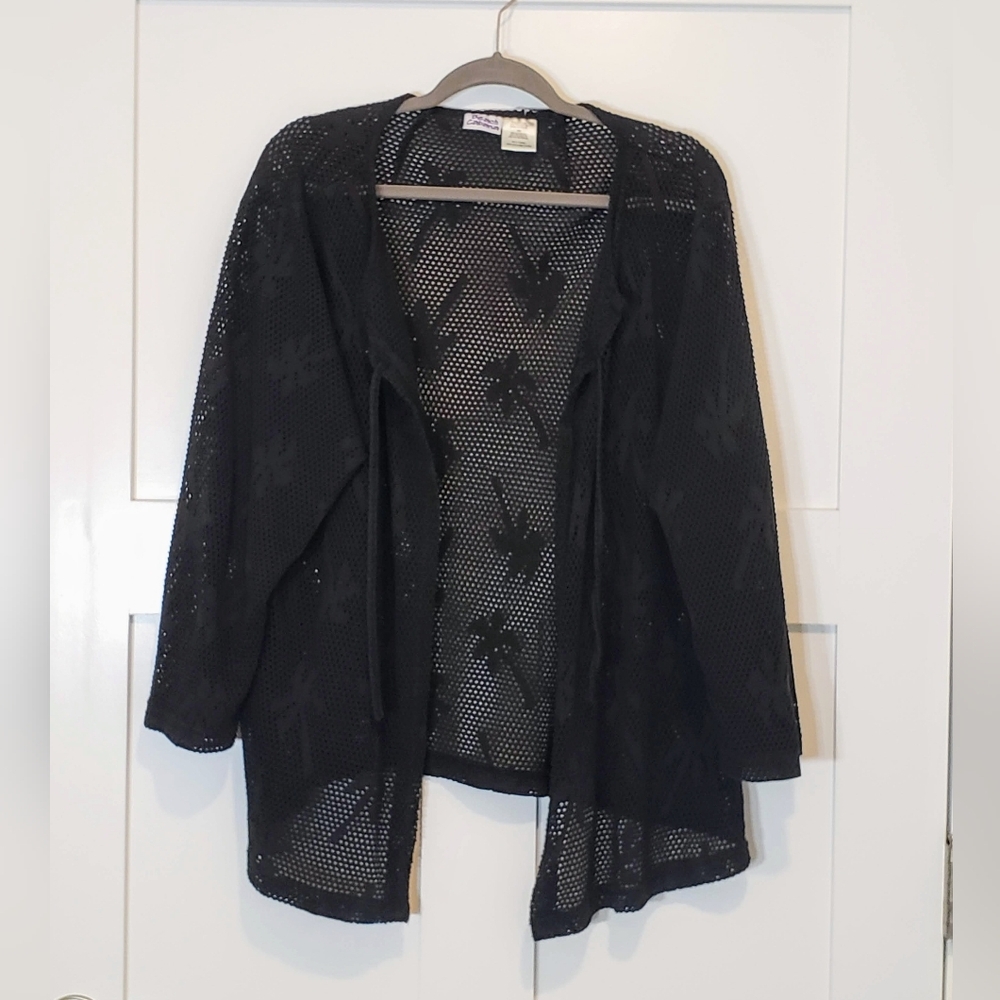 Beach Cabana Swim Cover Up Black Mesh Open Cardigan W/Tie Size 1X Pool   Cruise